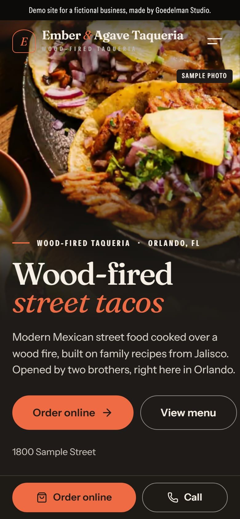 Ember & Agave Taqueria demo site on a phone